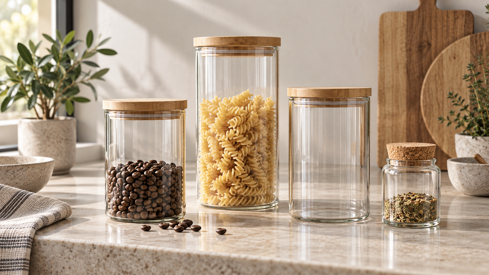 Product illustration of clear storage jars with bamboo and cork lids