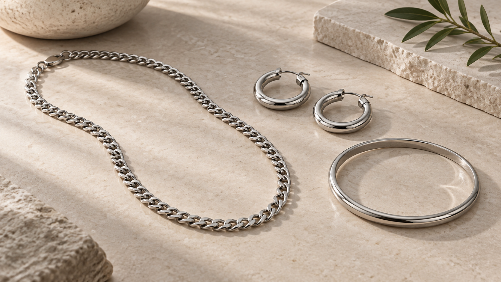 Stainless steel necklace, hoop earrings and bangle