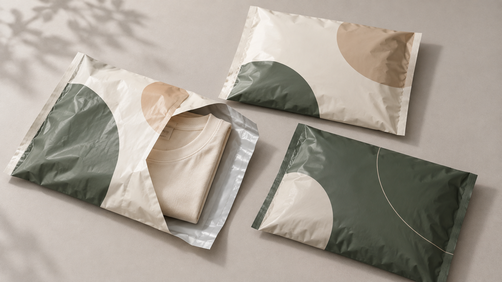 Product illustration of cream and green apparel mailers beside folded clothing