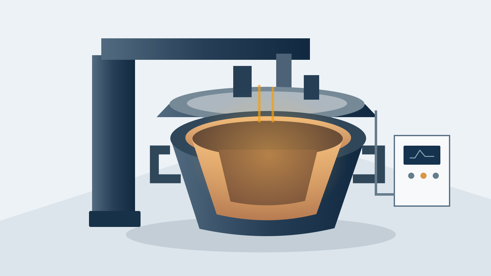 Conceptual cutaway of an empty refractory-lined ladle beneath a heating cover