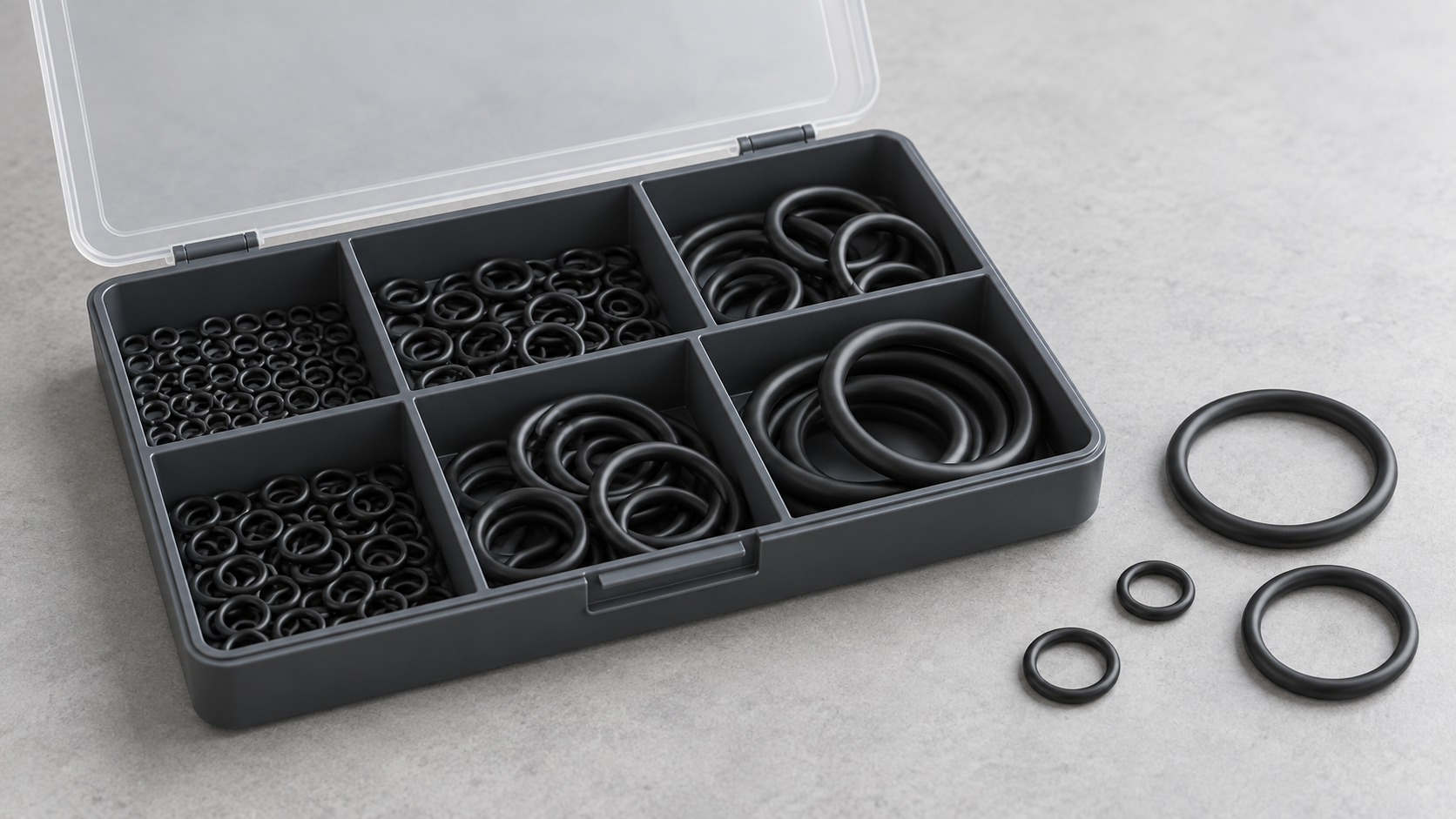 Illustration of finished O-rings organized in a compartmented service-kit case