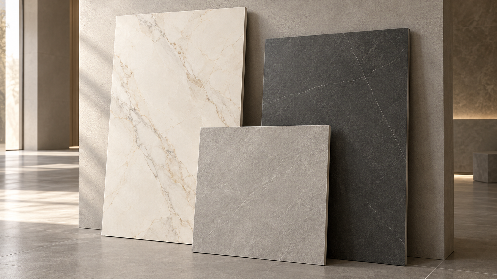 Illustration of light, grey and charcoal stone-look porcelain tile samples