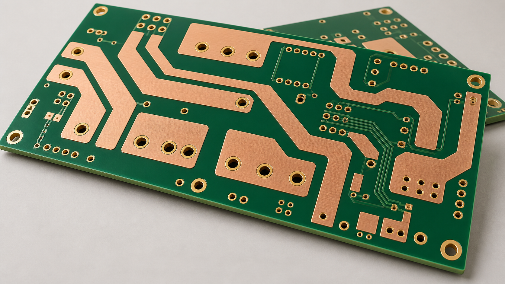 Product illustration of green bare power circuit boards with broad copper-colored conductors