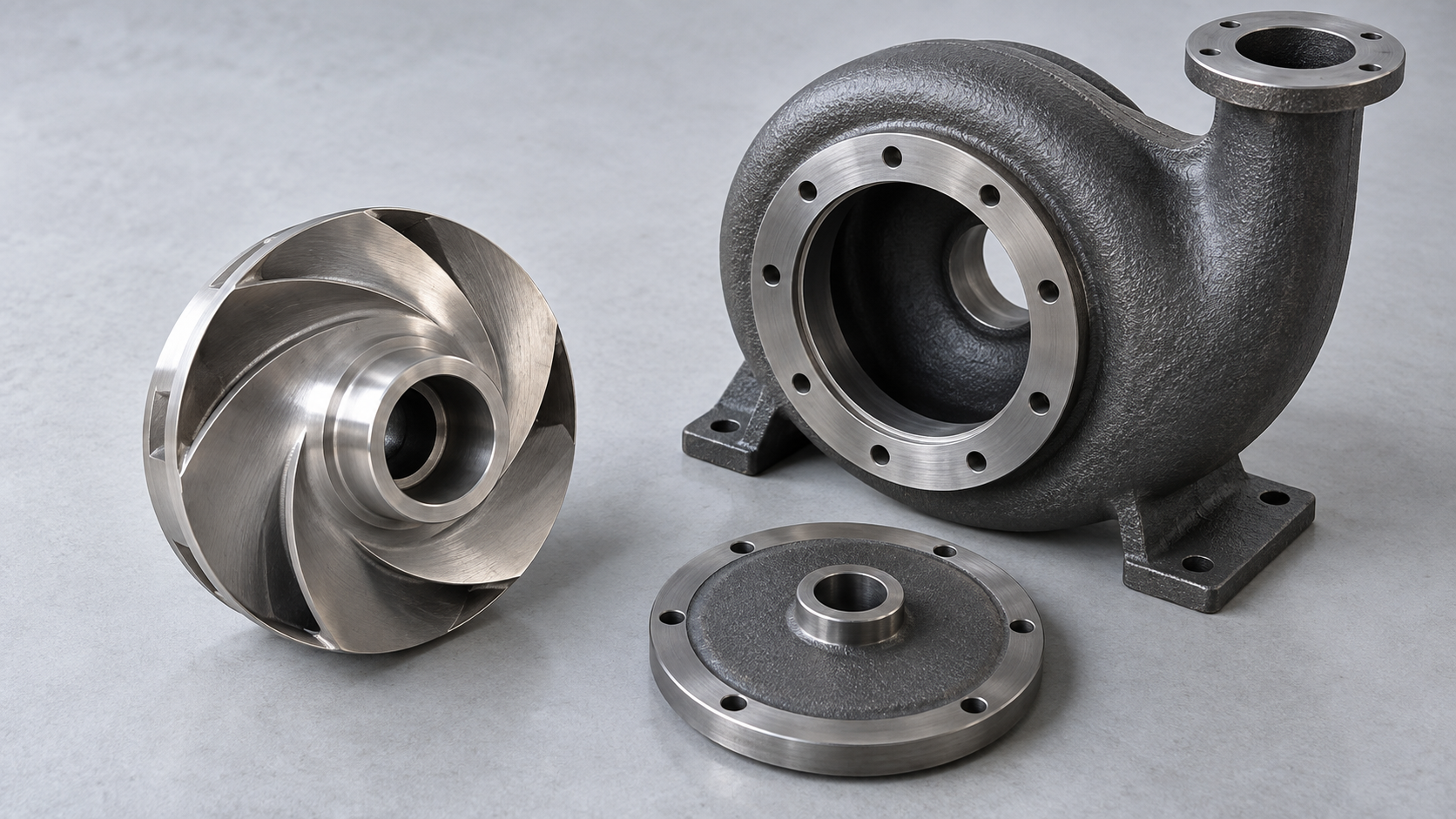 Illustration of a pump impeller, cast housing and machined cover