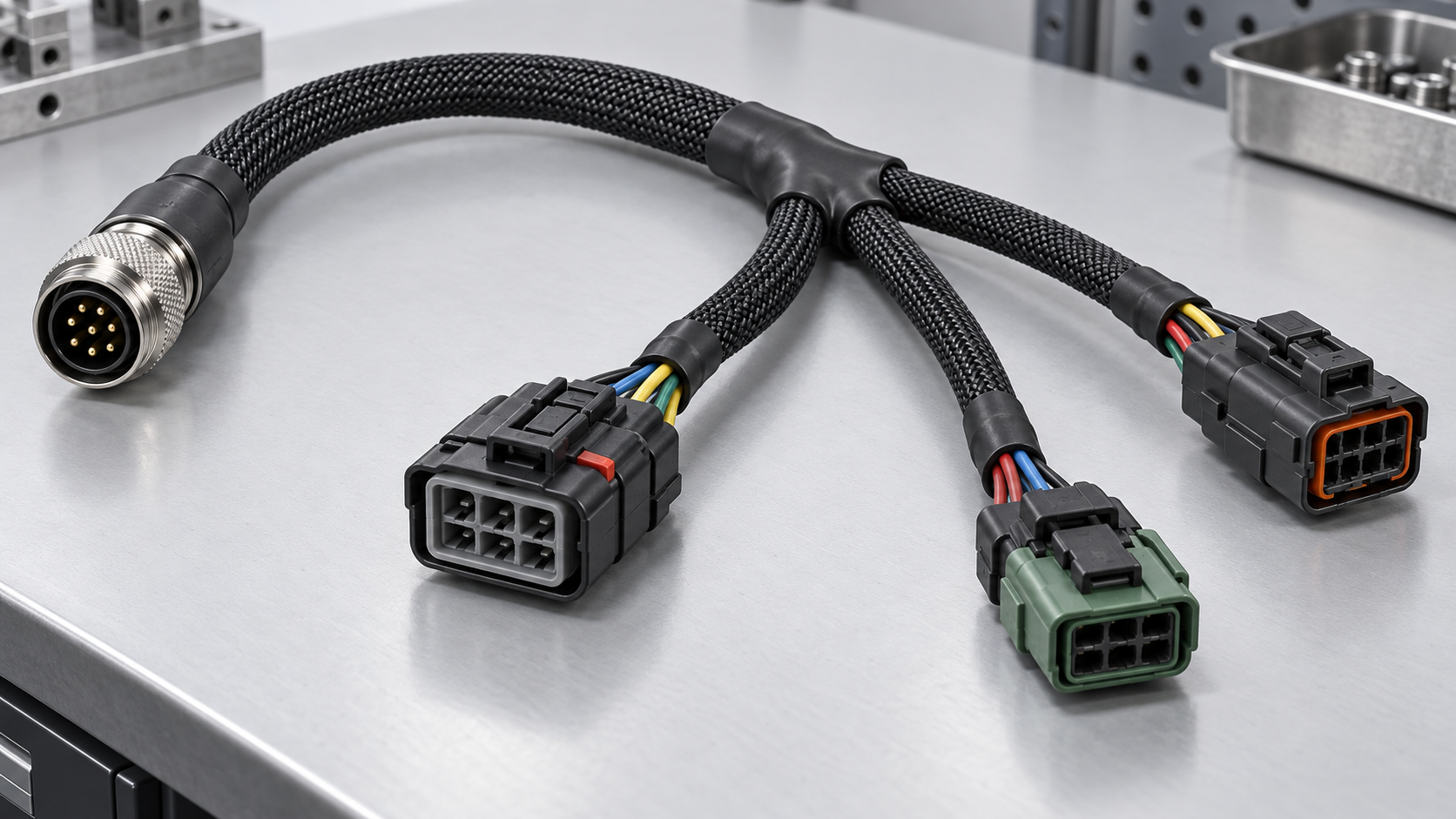Illustration of a branched industrial wire harness with circular and rectangular connectors