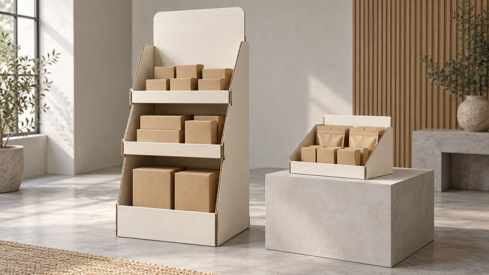 Illustration of a corrugated floor display and matching countertop tray