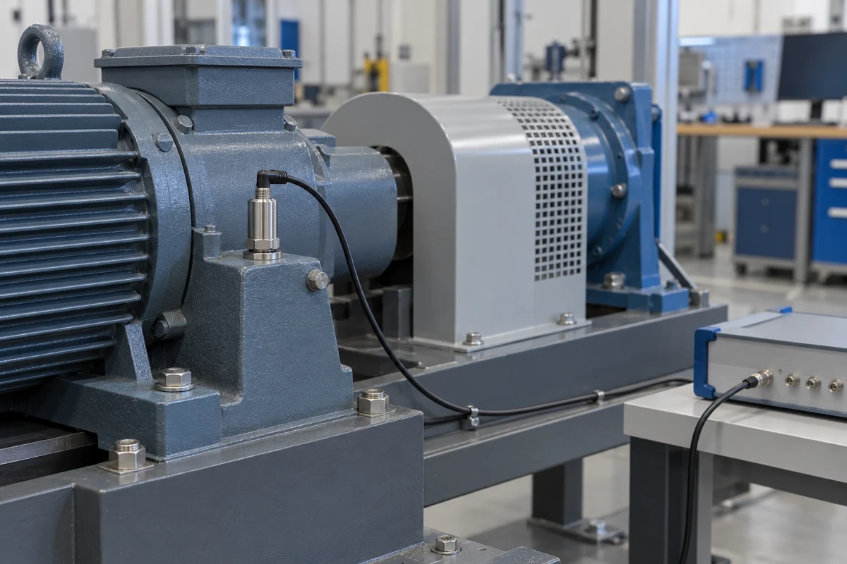 Housed acceleration sensor mounted on a machine bearing support and connected to a data acquisition instrument