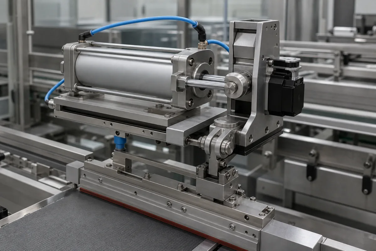 Betätigungsmechanismus (Pneumatikzylinder / Servobefestigung) in einer industriellen Fertigungsumgebung