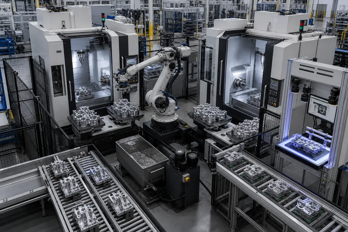 Aluminium-CNC-Bearbeitungszelle in einer industriellen Fertigungsumgebung
