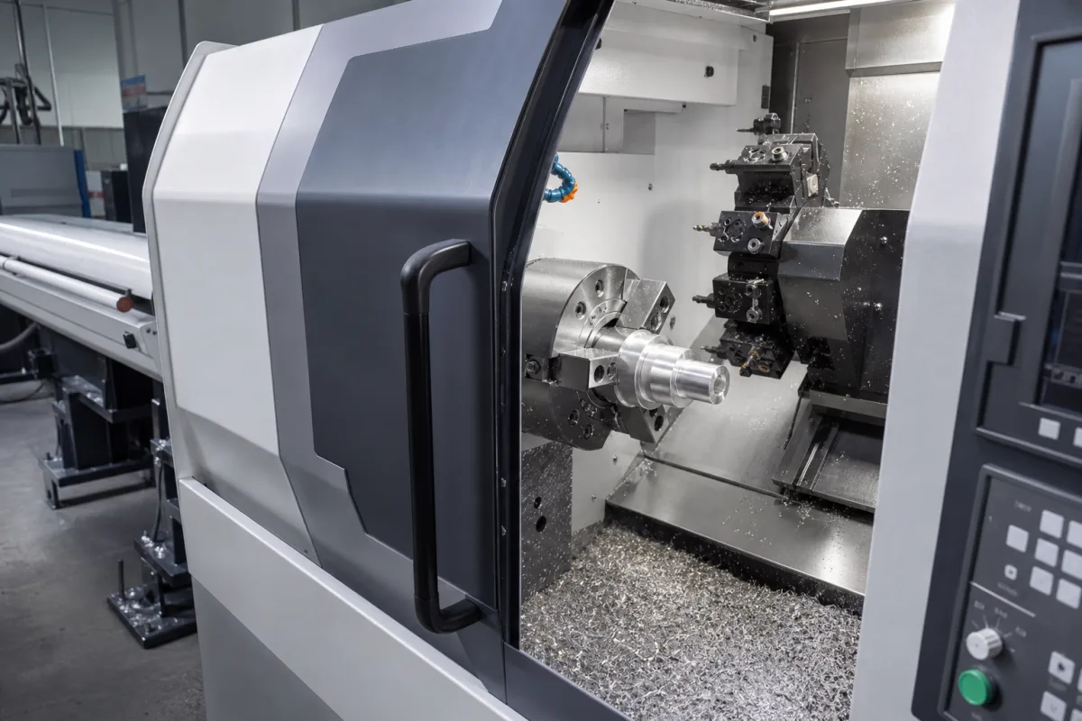 Aluminium-CNC-Drehzentrum in einer industriellen Fertigungsumgebung