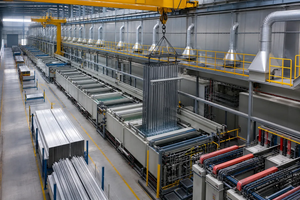 Eloxieranlage für Aluminiumprofile in einer industriellen Fertigungsumgebung