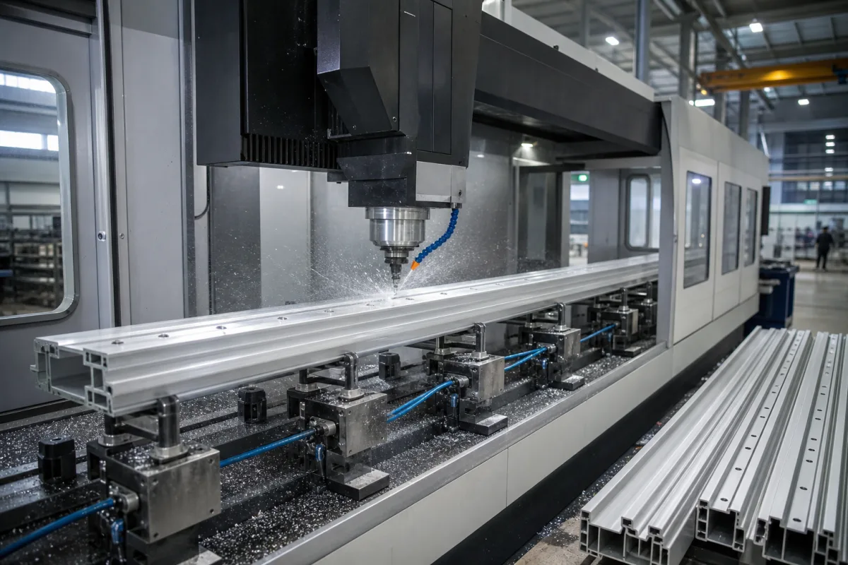 CNC-Fräsmaschine für Aluminiumprofile in einer industriellen Fertigungsumgebung
