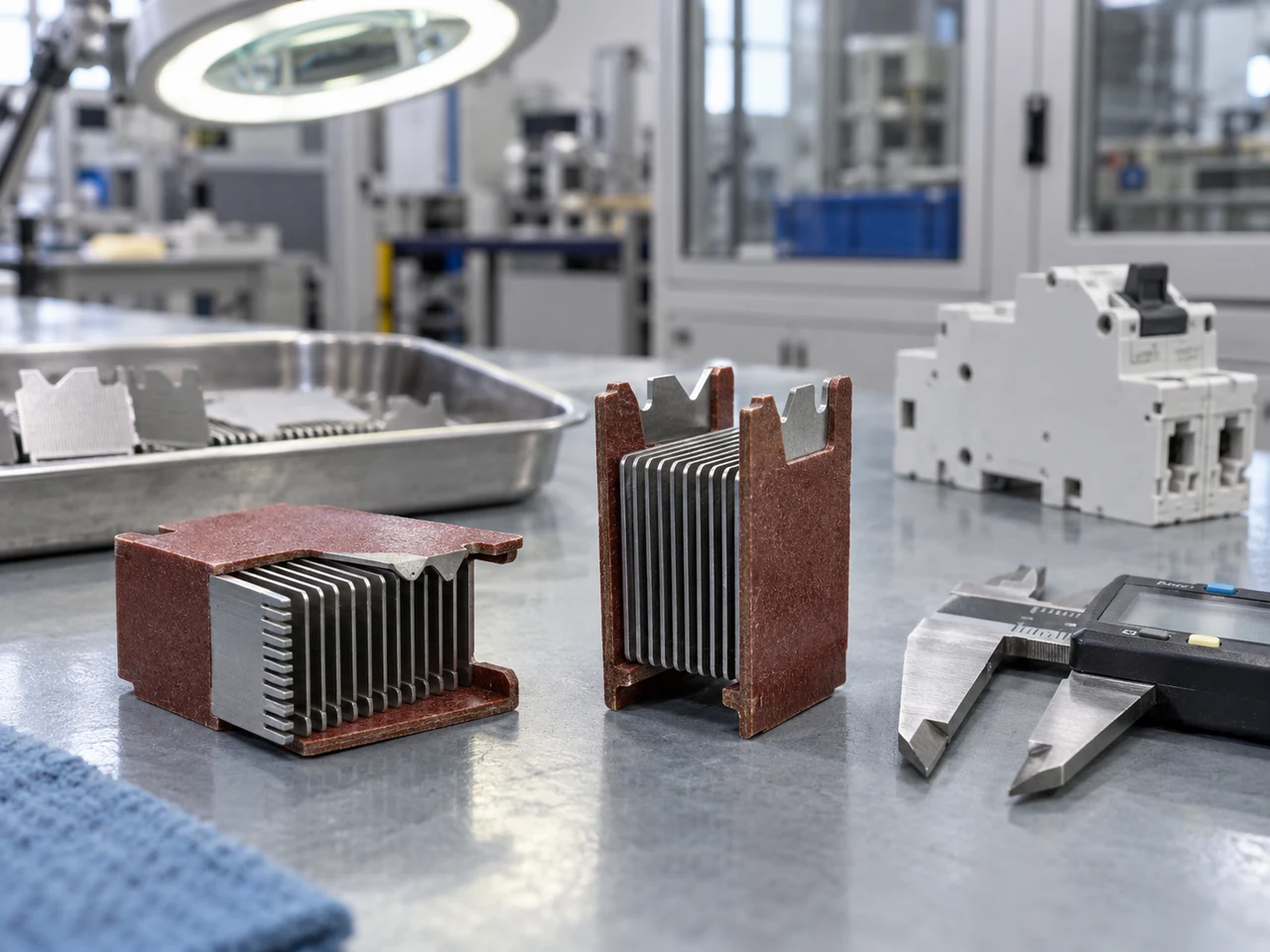 Arc-chute plate stacks on a circuit-breaker component inspection bench