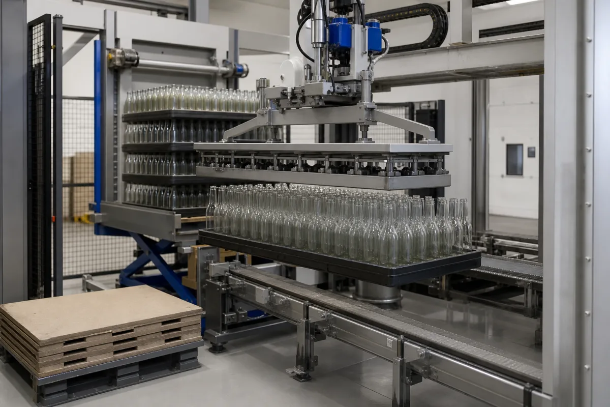 Automatische Depalettiermaschine für Getränkebehälter in einer industriellen Fertigungsumgebung