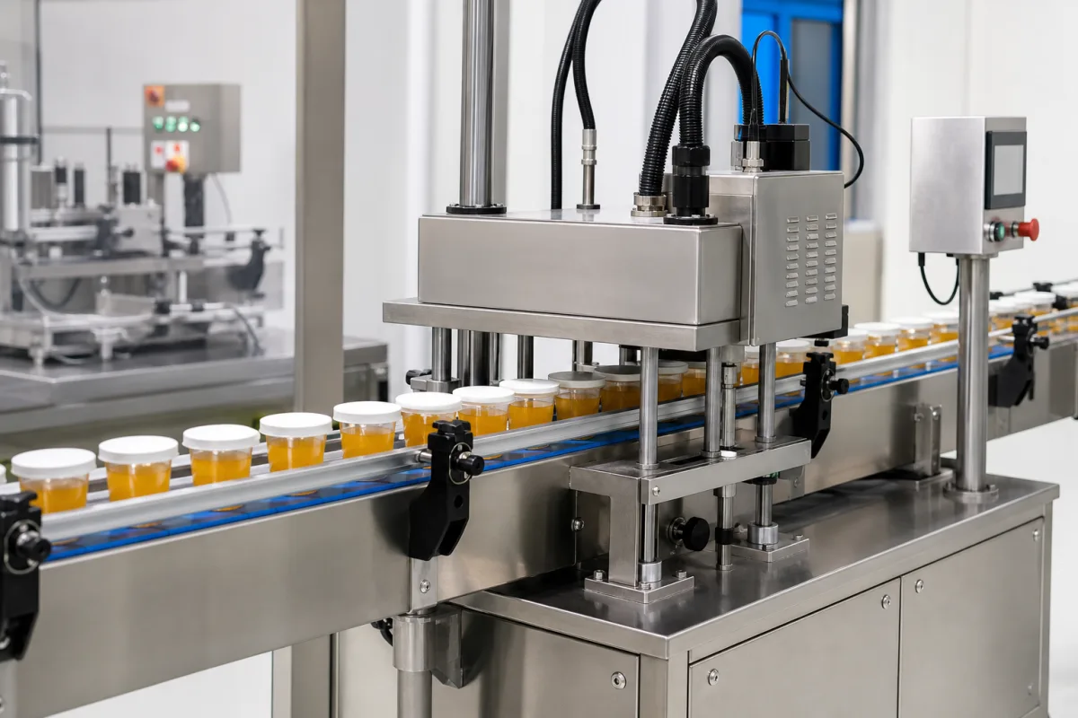 Automatische Folienversiegelungsmaschine für Getränkebehälter in einer industriellen Fertigungsumgebung