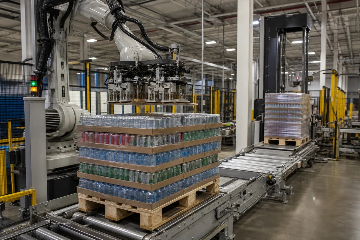 Automatisiertes Palettiersystem für Getränkebehälter in einer industriellen Fertigungsumgebung