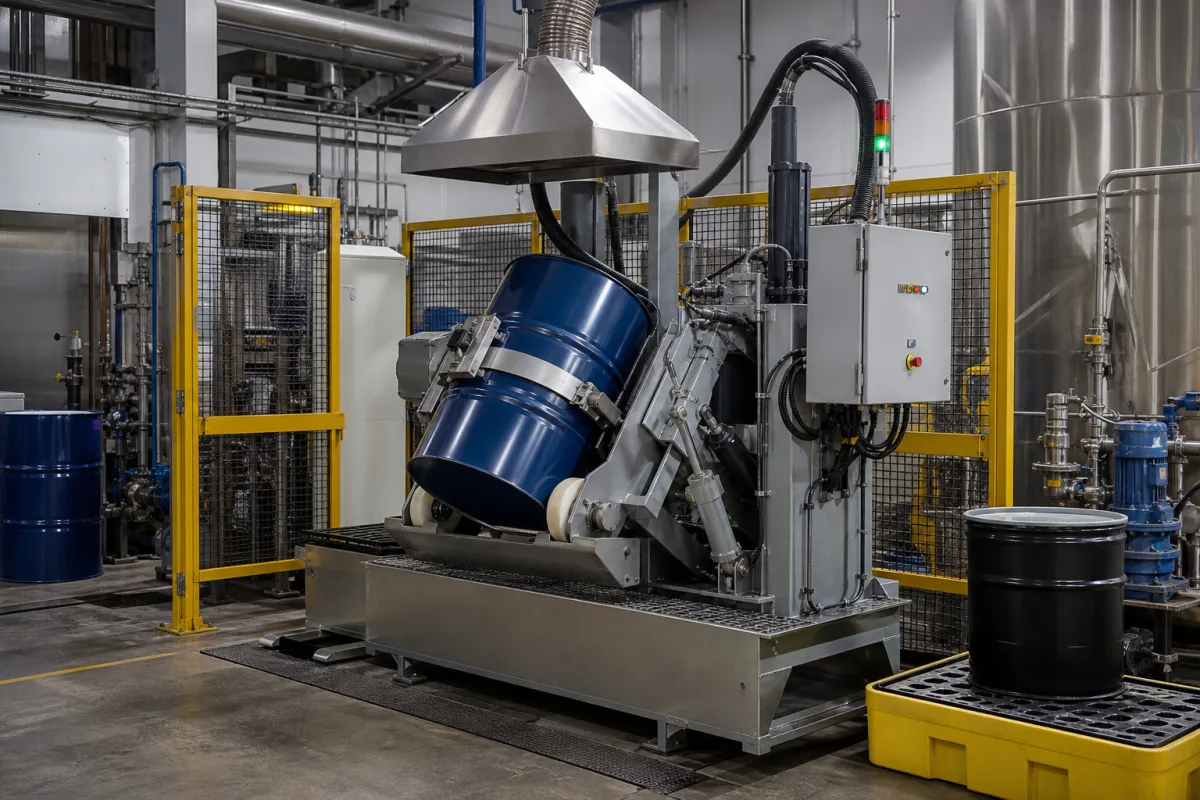 Automatisiertes Chemikalienfass-Rühr- und Homogenisierungssystem in einer industriellen Fertigungsumgebung