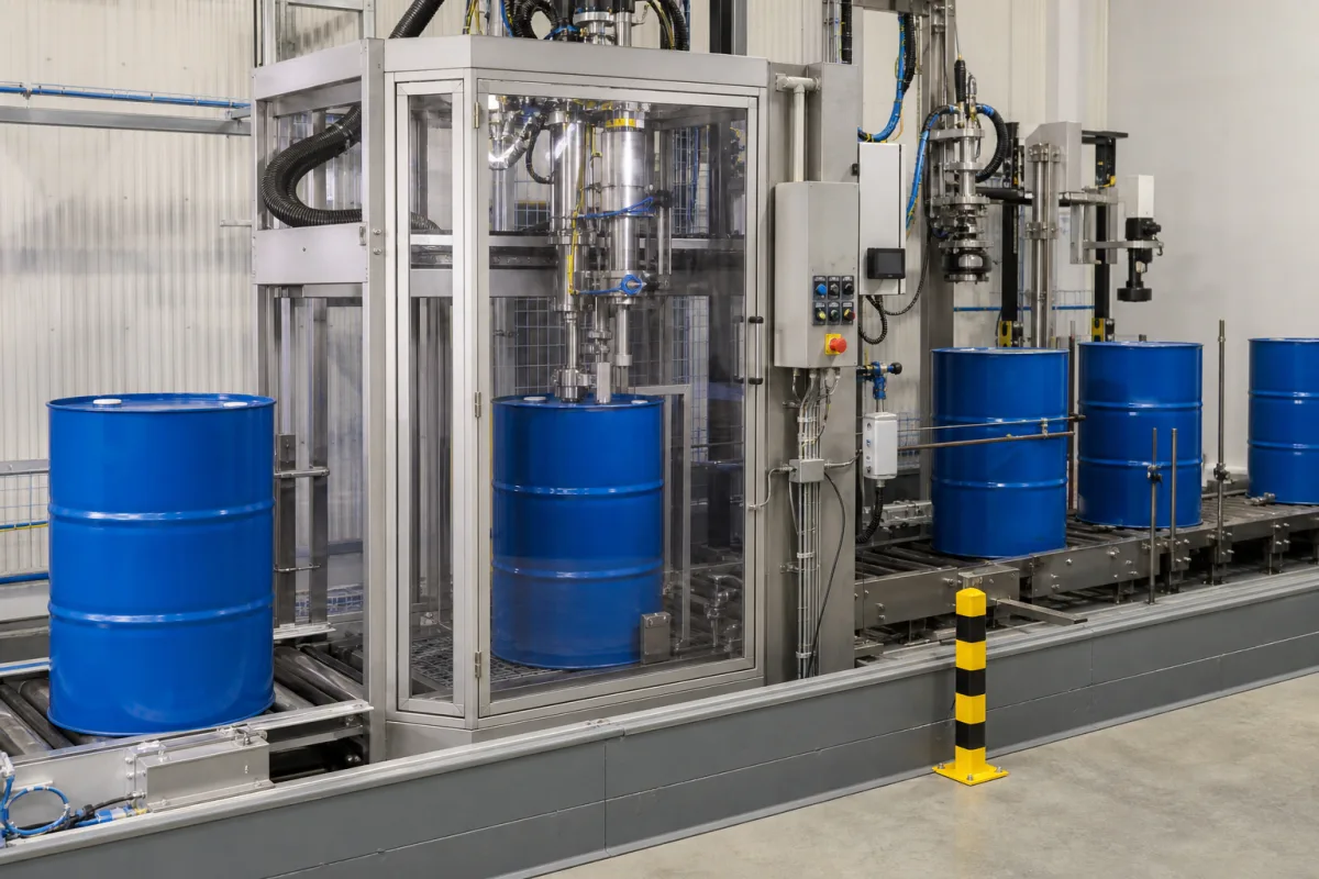 Automatisches Chemikalienfass-Befüll- und Verschließsystem in einer industriellen Fertigungsumgebung