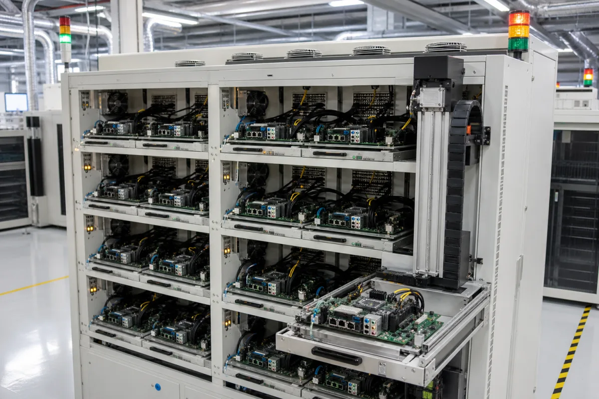 Automatischer Burn-In-Tester für Computer-Motherboards in einer industriellen Fertigungsumgebung