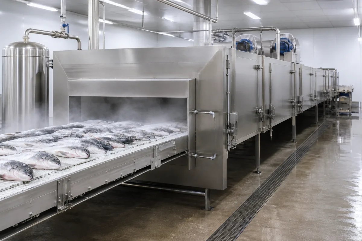 Automatisiertes kryogenes Fischgefrier-Tunnelsystem in einer industriellen Fertigungsumgebung