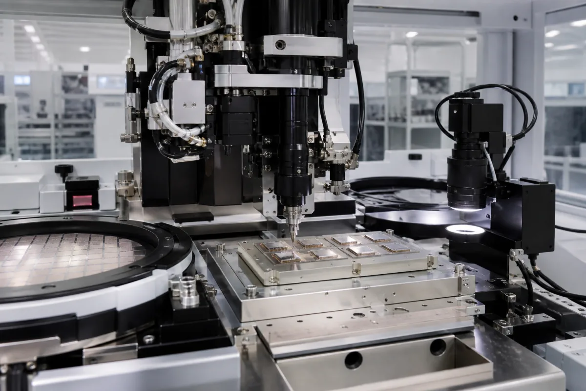 Automatisierte Die-Attach-Maschine in einer industriellen Fertigungsumgebung