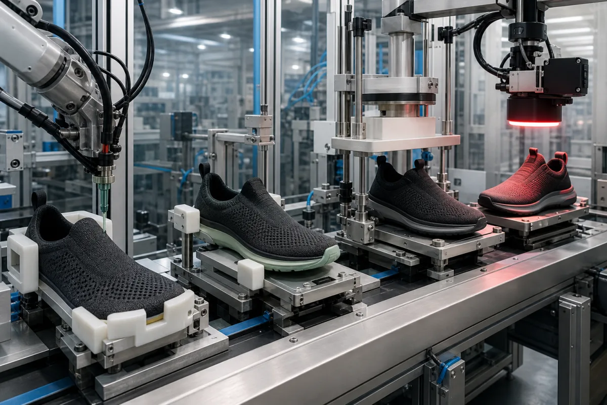 Automatisiertes Schuhmontagesystem in einer industriellen Fertigungsumgebung