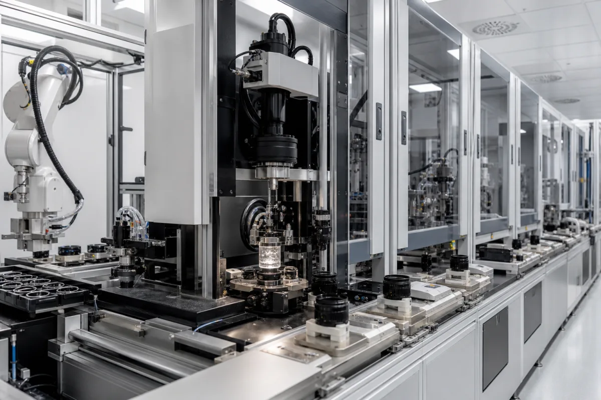Automatisiertes mehrstufiges Linsenmontage- und Prüfsystem in einer industriellen Fertigungsumgebung