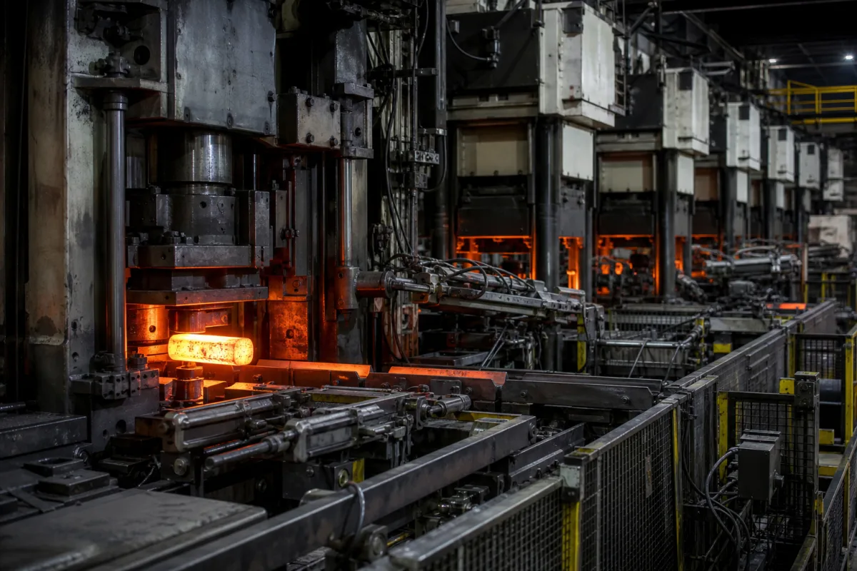 Automatische Mehrstationen-Schmiede- und Stanzlinie in einer industriellen Fertigungsumgebung