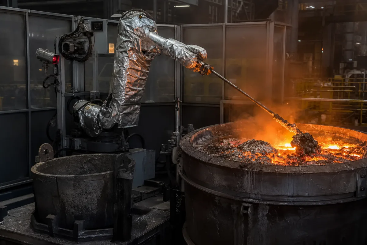 Automatischer Schlackenabziehroboter in einer industriellen Fertigungsumgebung