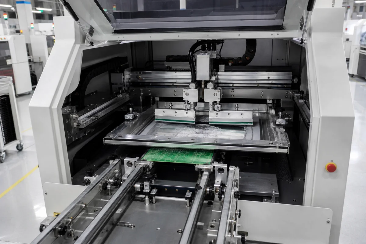 Automatischer Lotpastendrucker in einer industriellen Fertigungsumgebung