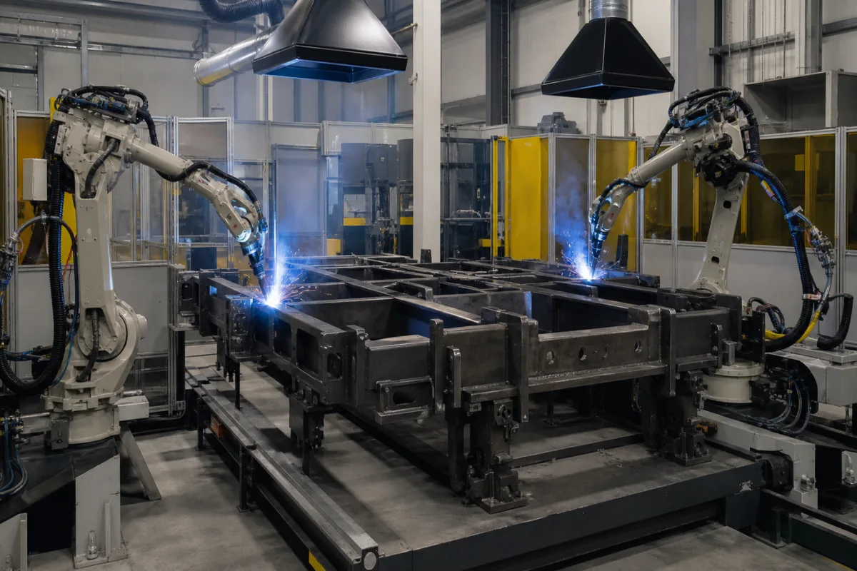 Automatisierte Schweißstation in einer industriellen Fertigungsumgebung