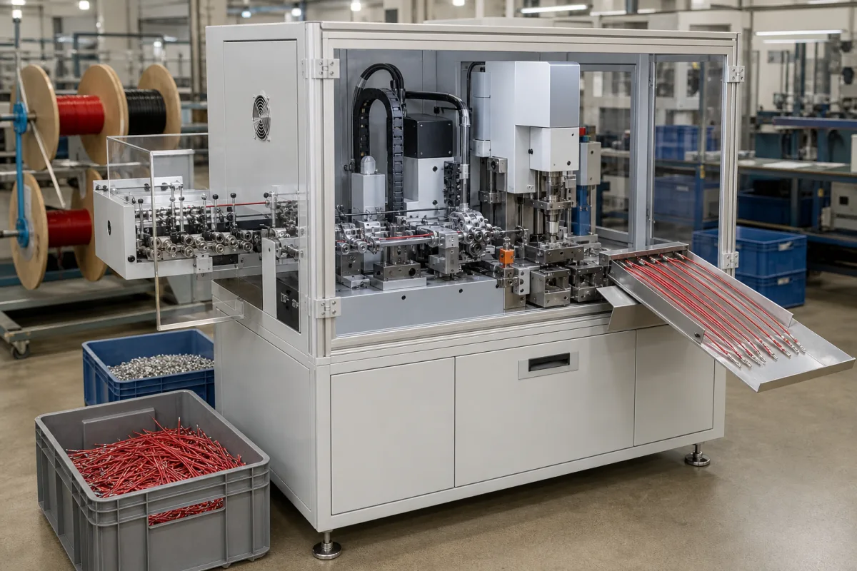 Automatische Drahtabisolier- und Crimpmaschine in einer industriellen Fertigungsumgebung