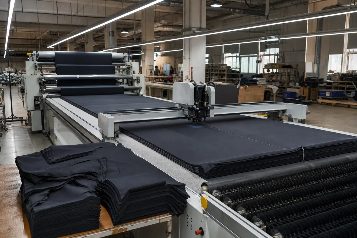 Automatische Stoffschneidemaschine in einer industriellen Fertigungsumgebung