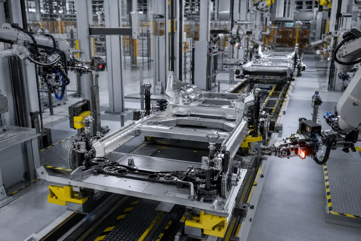 Modulares Fahrzeugchassis-Montagesystem in einer industriellen Fertigungsumgebung