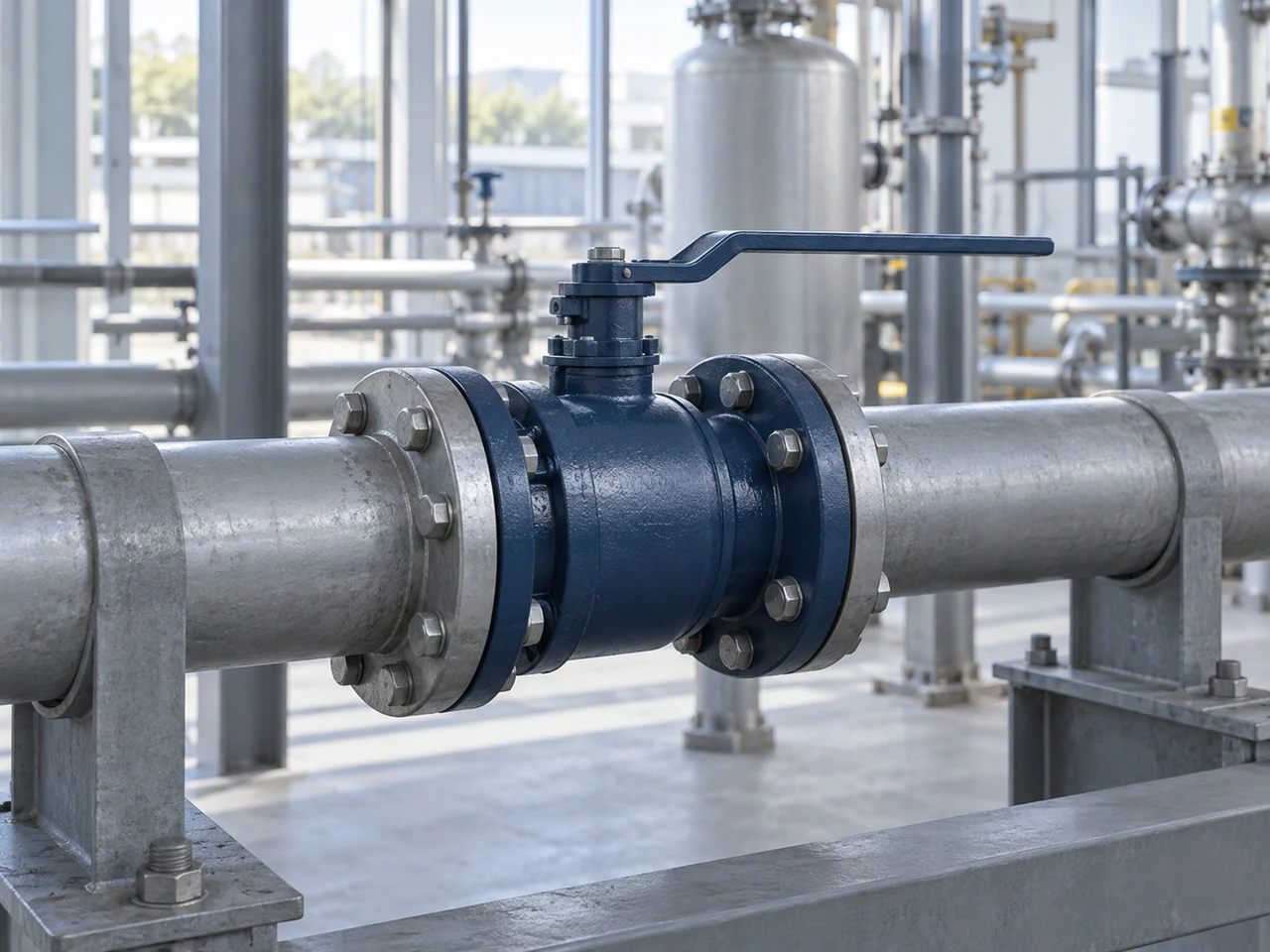 Flanged manual ball valve in a supported industrial utility pipeline