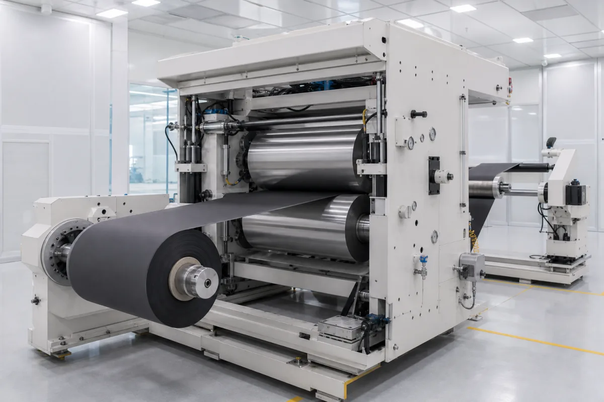 Batterie-Elektroden-Kalandermaschine in einer industriellen Fertigungsumgebung