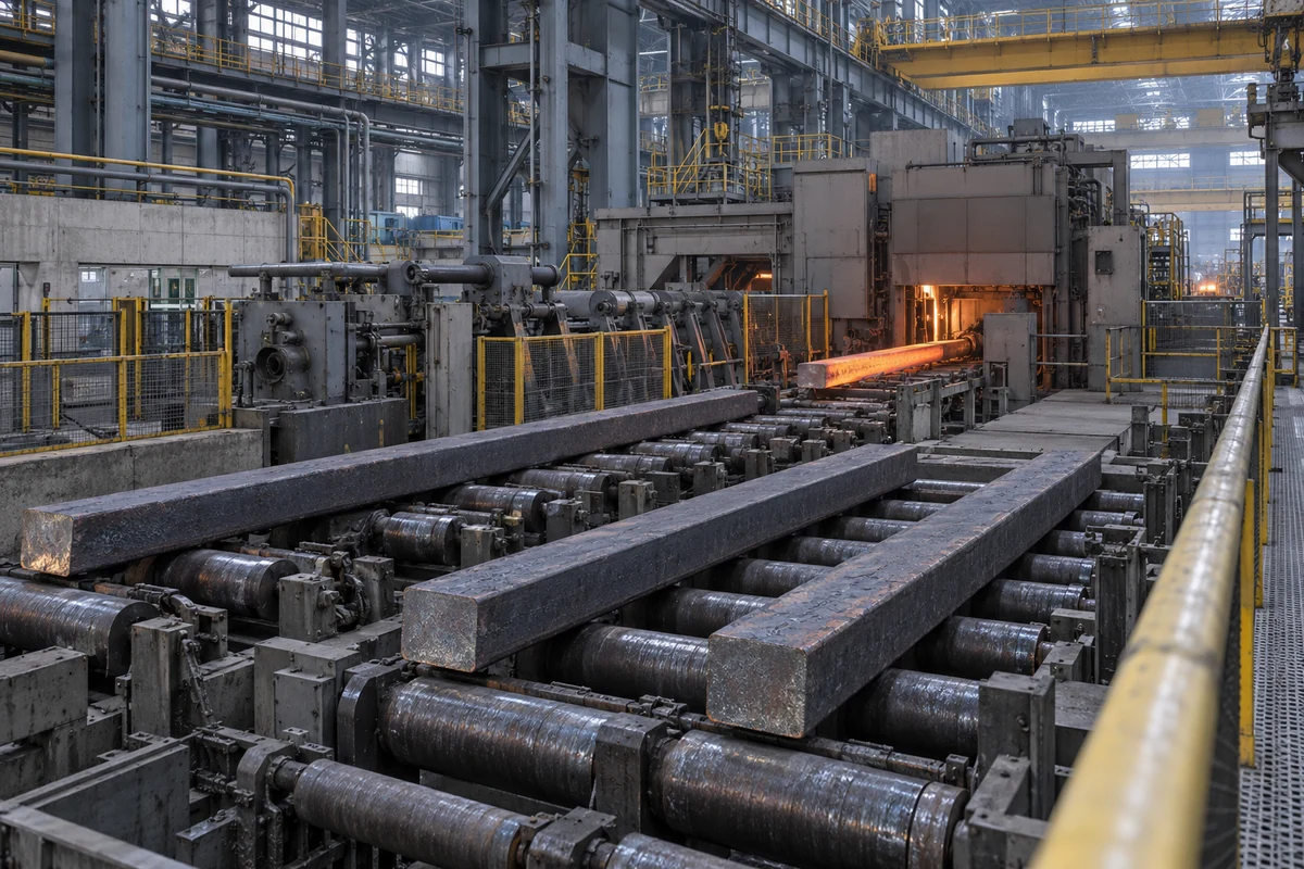 Square steel billets on delivery roller tables in a casting workshop