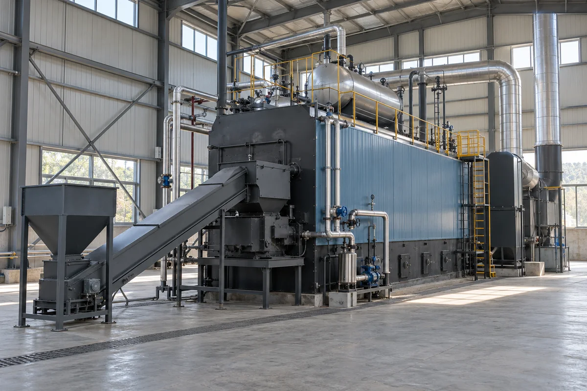Installed biomass steam boiler plant with enclosed fuel feed and insulated pipework