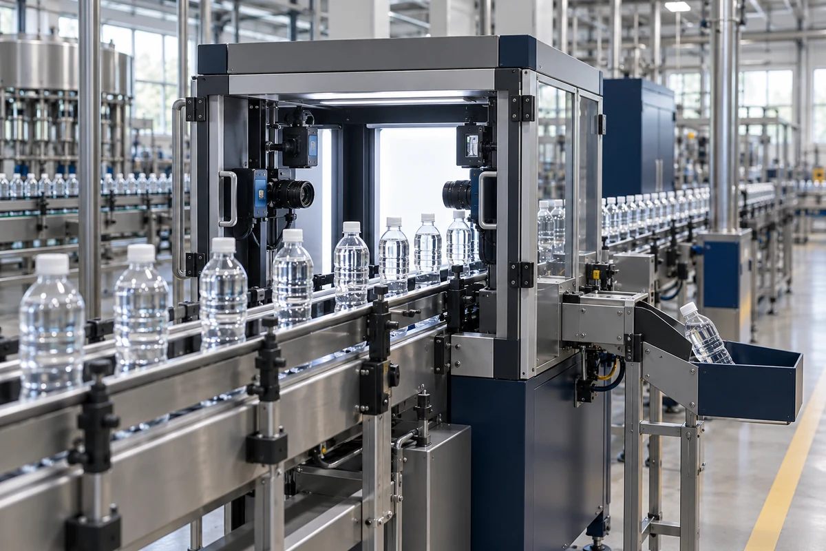 Capped PET water bottles passing industrial cameras and backlighting on a beverage conveyor with a reject lane