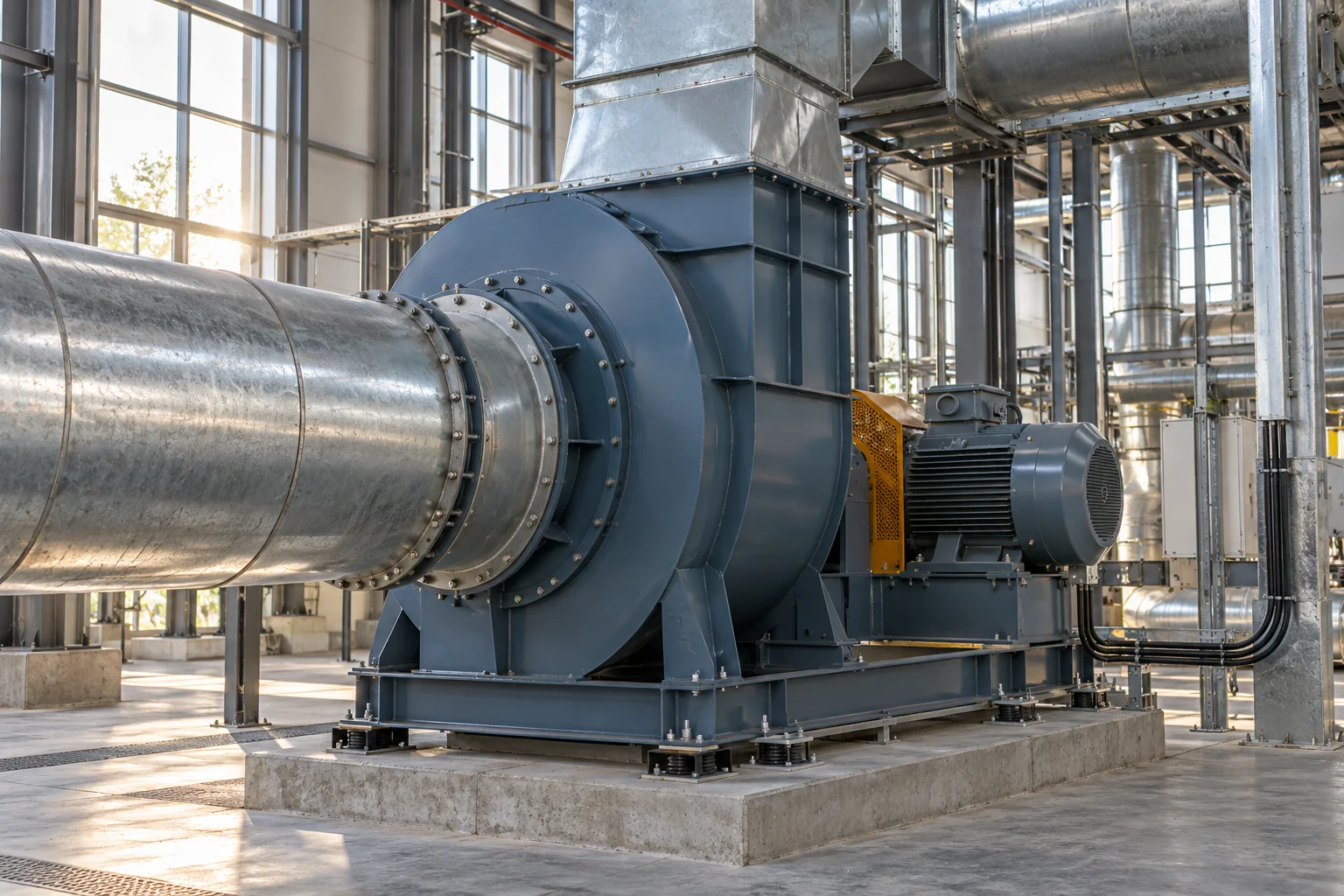 AI-generated illustration of a housed centrifugal fan connected to industrial ventilation ducts, with an external drive motor