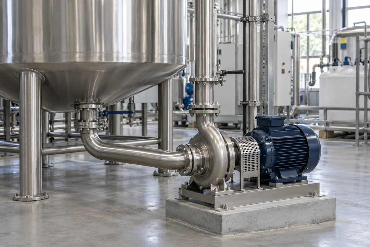 Centrifugal process pump connected to a tank with supported stainless piping in a manufacturing plant