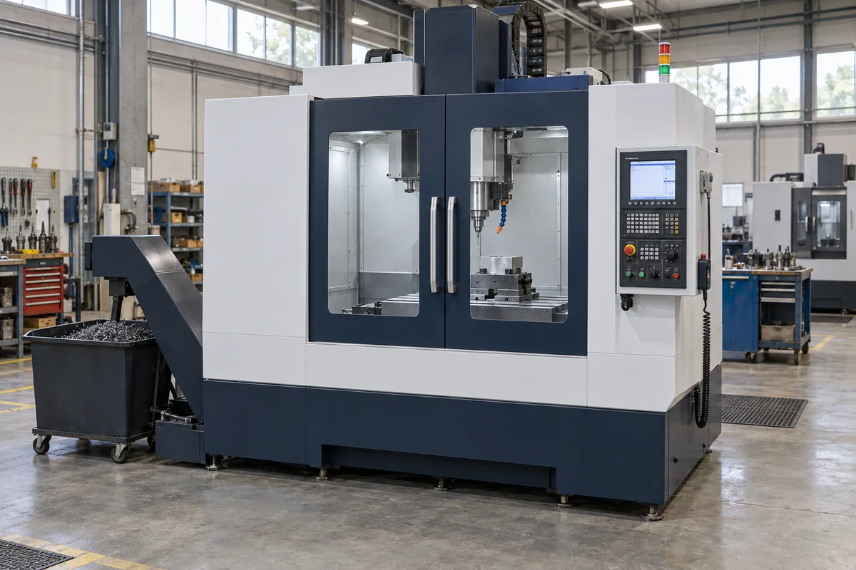 Enclosed vertical machining center with a clamped metal workpiece in a machining workshop