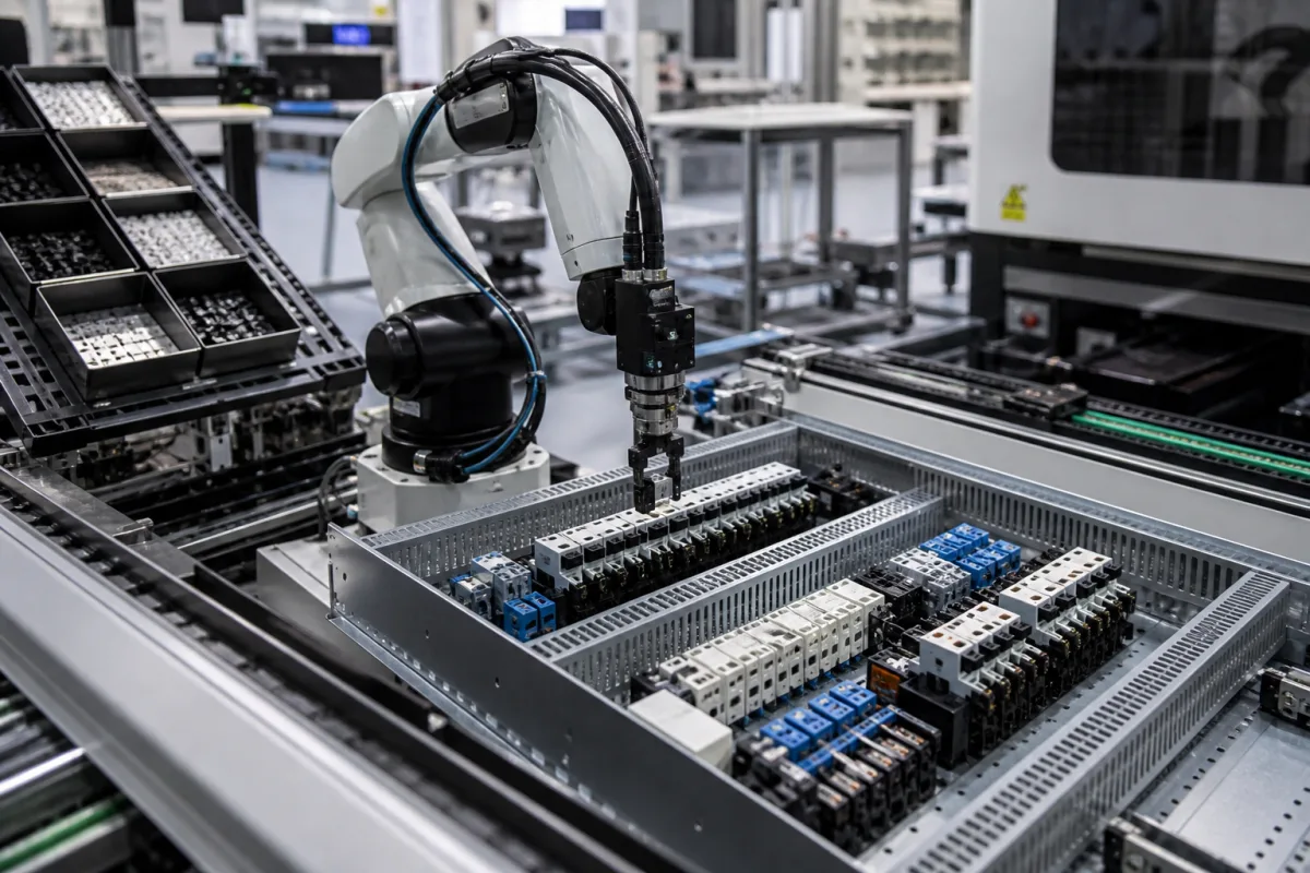Komponenten-Einsetzroboter in einer industriellen Fertigungsumgebung