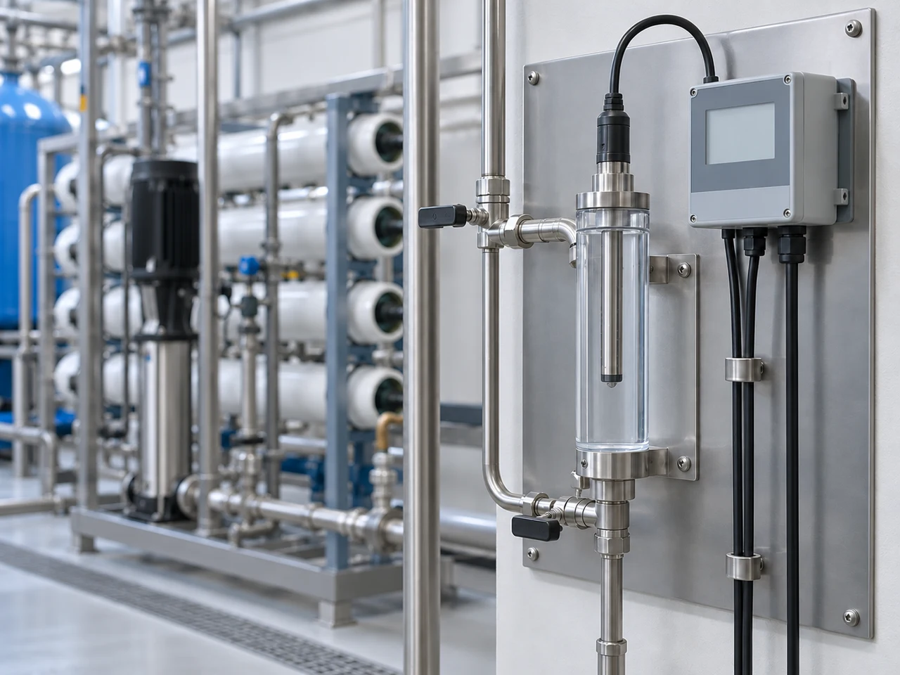 Conductivity probe and transmitter on a water-treatment sampling panel