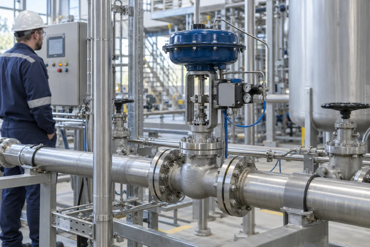 Pneumatic globe control valve with diaphragm actuator installed in process piping
