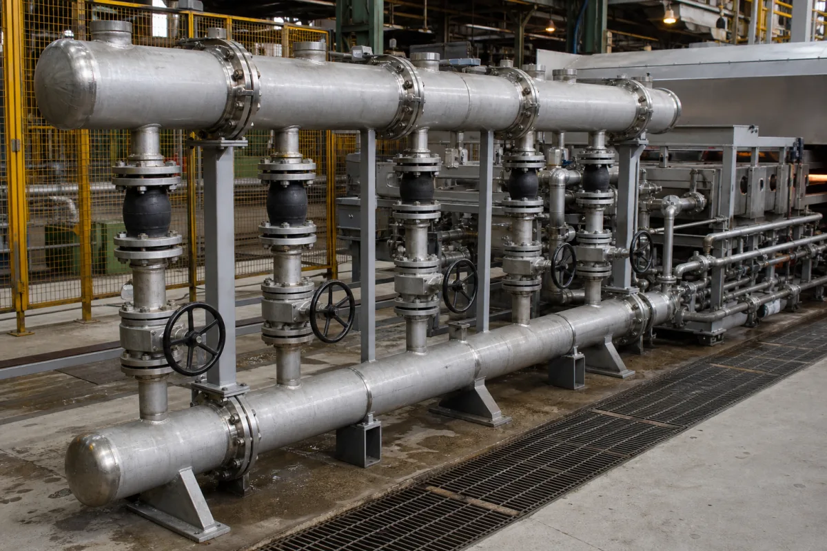 Kühlwasser-Sammelleitung/Rohrleitung in einer industriellen Fertigungsumgebung
