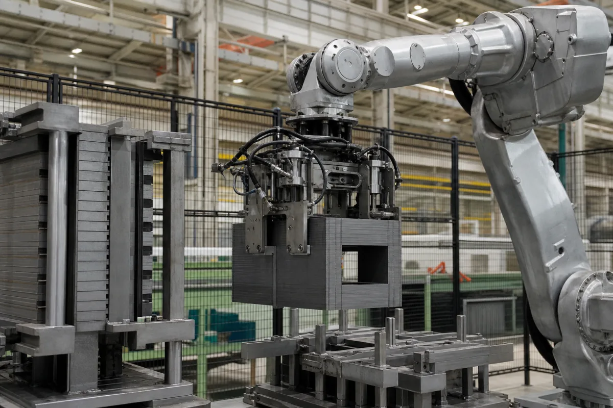 Kernspann- und Handhabungsroboter in einer industriellen Fertigungsumgebung