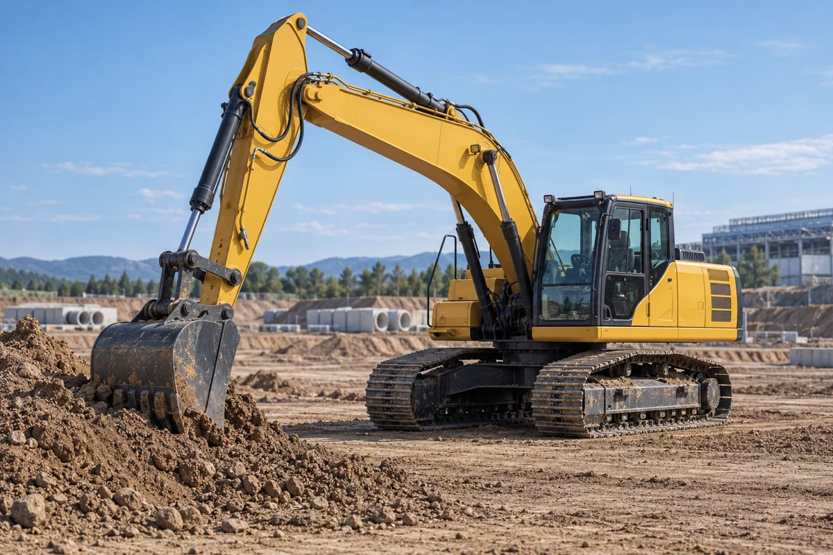 Tracked hydraulic excavator with a low bucket at a level earthwork site