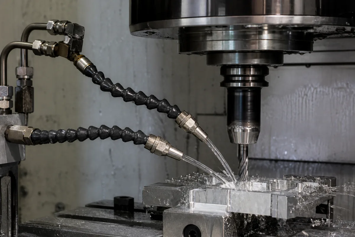 Zuführdüsen und Schläuche in einer industriellen Fertigungsumgebung