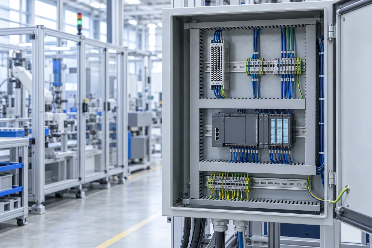 DIN-rail power supply and PLC installed in a factory control cabinet